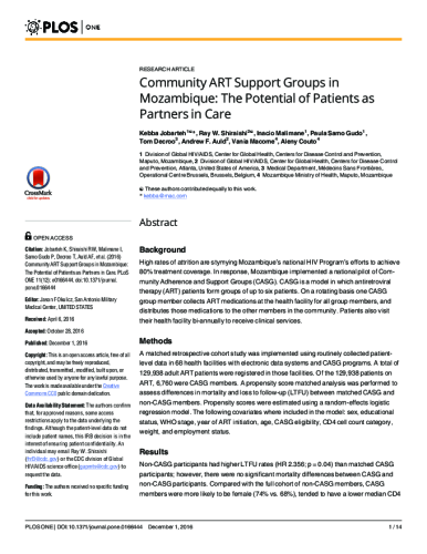 Jobarteh K, Shiraishi RW, Malimane I, Gudo PS, Decroo T, Auld AF, et al. Community ART Support Groups in Mozambique The Potential of Patients as Partners in Care