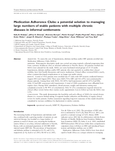 Khabala KB, Edwards JK, Baruani B, Sirengo M, Musembi P, Kosgei RJ, et al. Medication Adherence Clubs a potential solution to managing large numbers