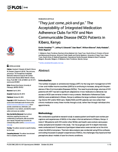 Venables E, Edwards JK, Baert S, Etienne W, Khabala K, Bygrave H. They just come, pick and go. The Acceptability of Integrated Medication Adherence Club